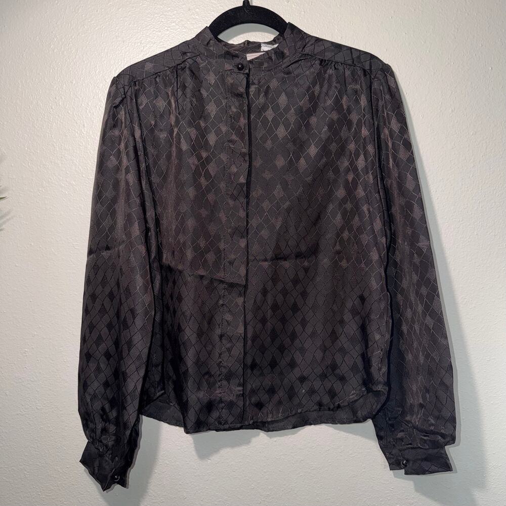 Vintage 80s Hot Stuff Black Diamond Harlequin Jacquard Blouse Made in USA L/XL